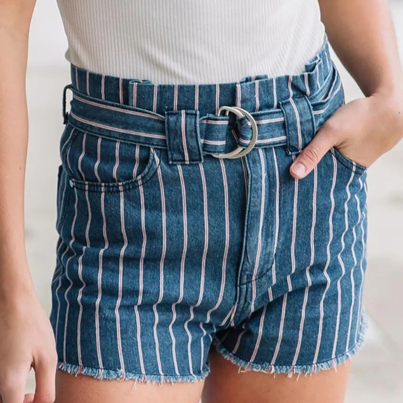Mustard Seed Pants - Mustard Seed Striped High Rise Belted Short